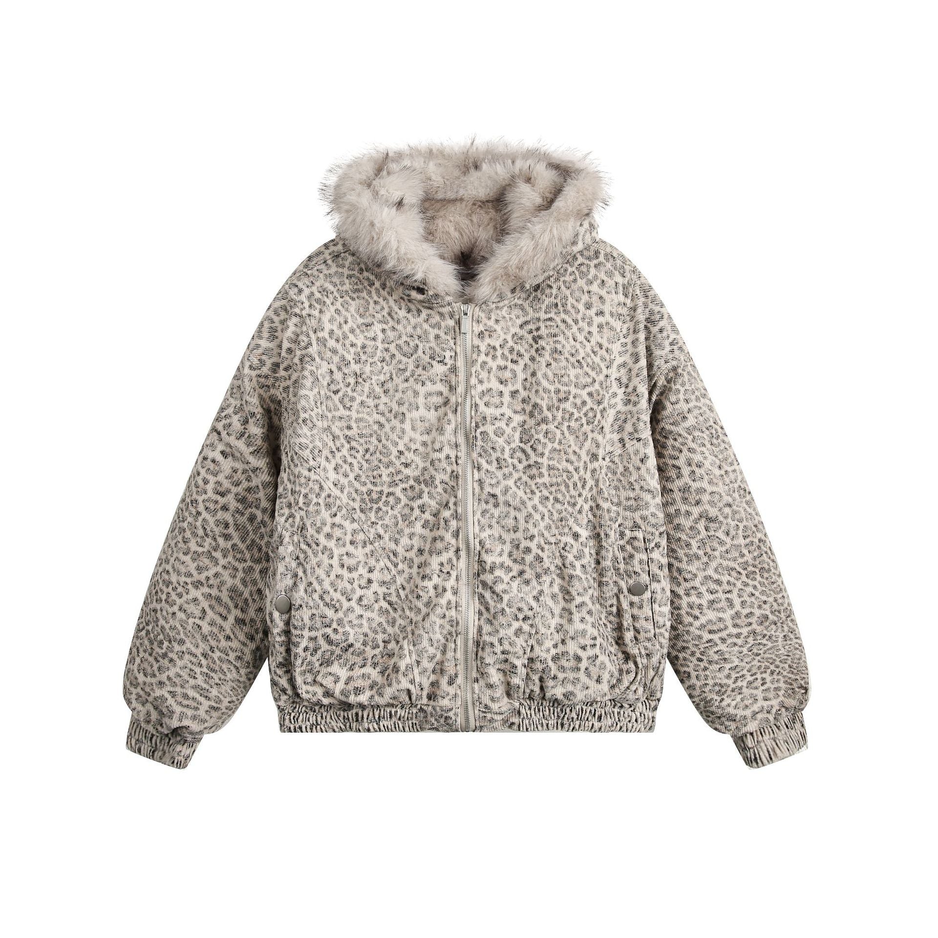 American Retro Style Hooded Thick Cotton Jacket with Leopard Print for Men and Women, Winter Couple's Hooded Cotton Coat
