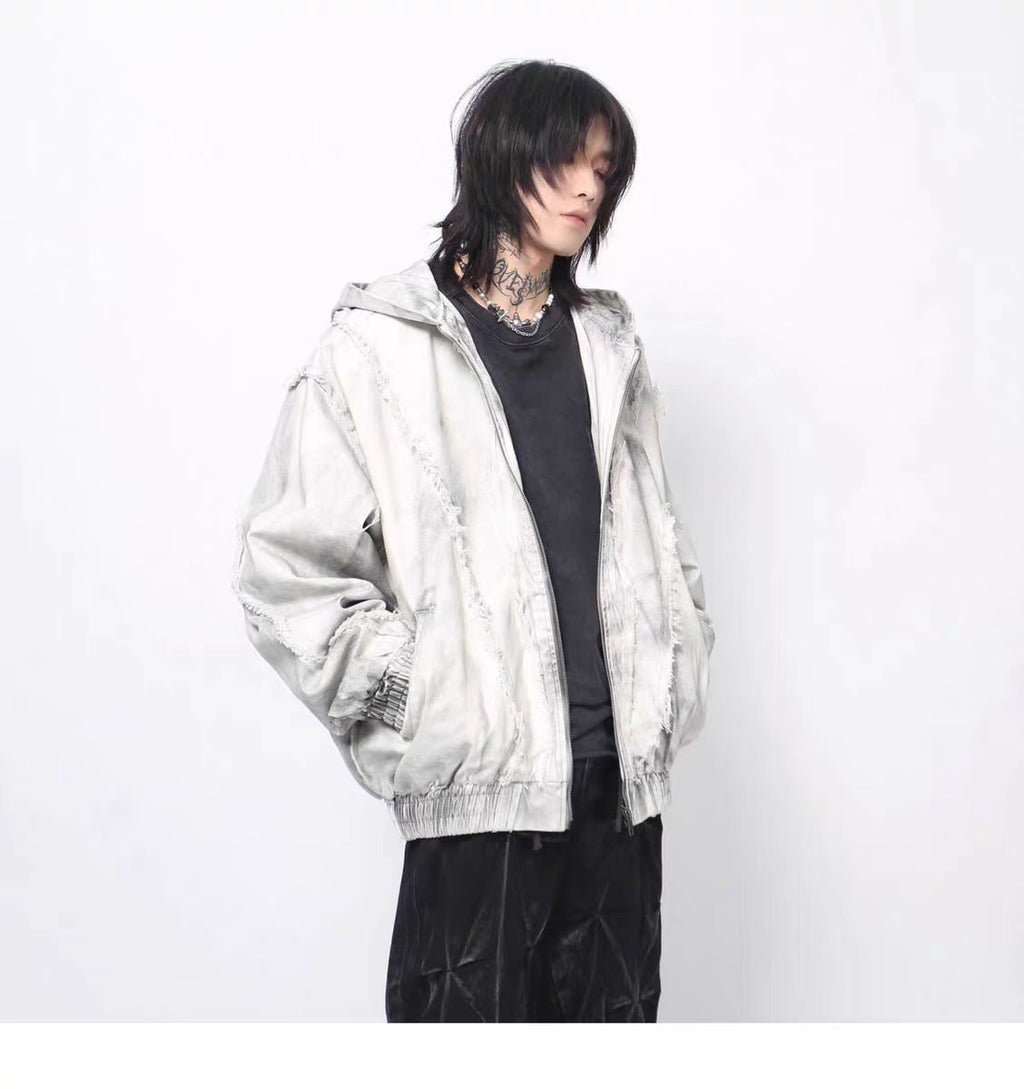 European and American High Street Wasteland Style Spray Paint Dirty Patchwork Hooded Jacket for Men Spring Frayed Edge Design Coat
