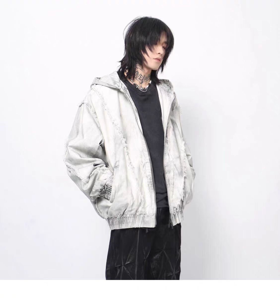 European and American High Street Wasteland Style Spray Paint Dirty Patchwork Hooded Jacket for Men Spring Frayed Edge Design Coat