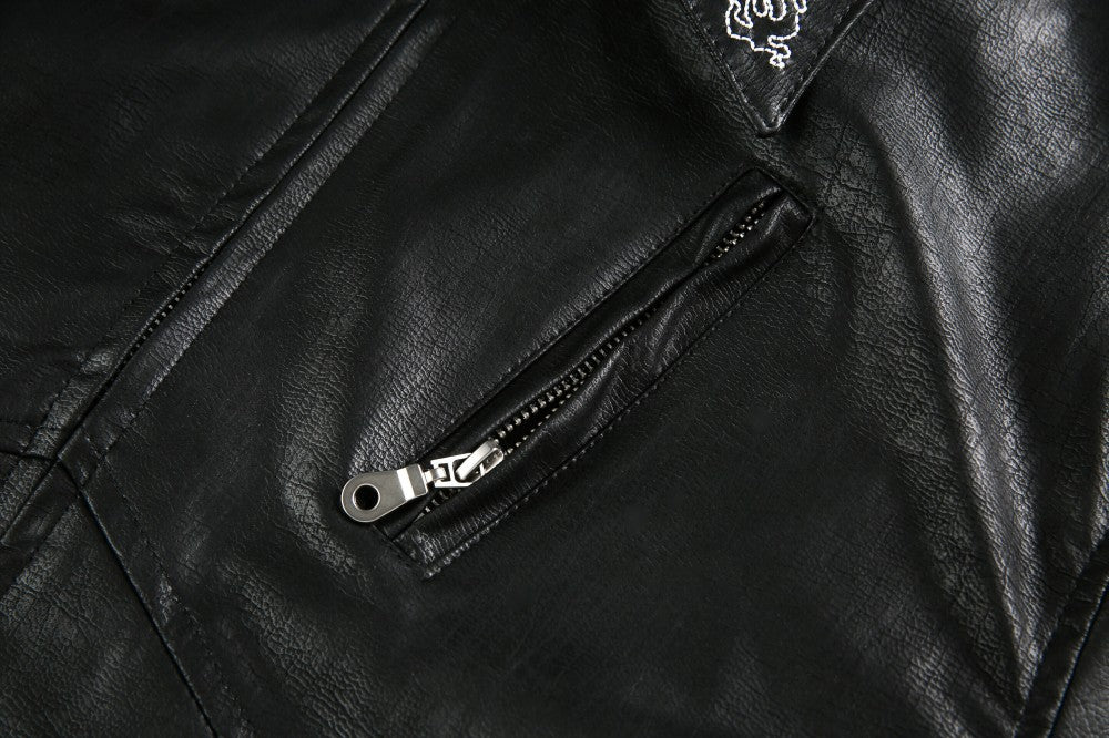 European and American Heavy Embroidery Lapel Loose Short Zipper Leather Jacket Coat