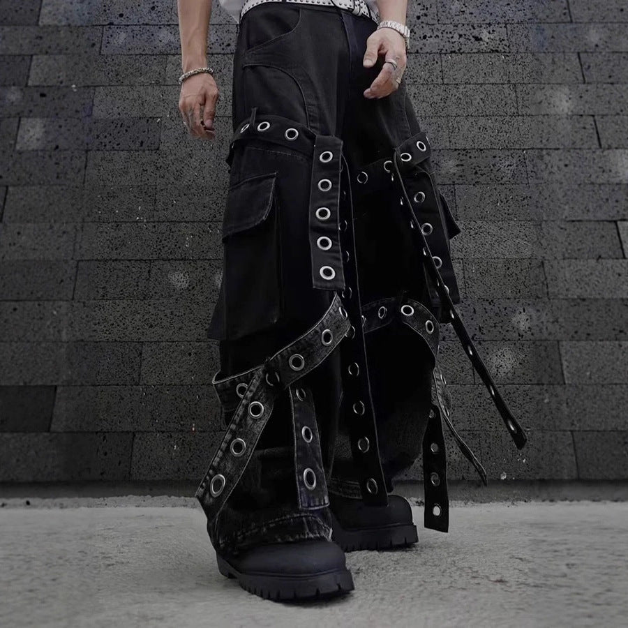 American Street Retro Heavy Design Sense Pleated Workwear Hardware Decoration Loose Draped Jeans for Men and Women