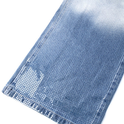 Original Early Autumn New American Retro Street Style High Waist Slimming Rhinestone Gradient Design Loose Wide Leg Jeans