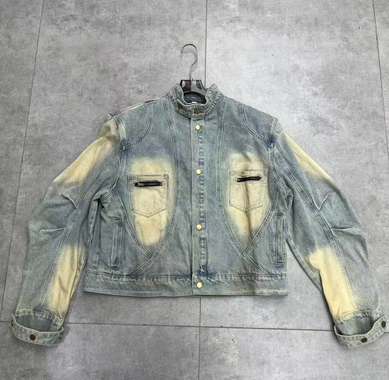 European and American High Street Retro Streetwear vintage Yellow Mud Dyed Denim Jacket for Men ins Fashion Brand American Style Loose Straight Wide
