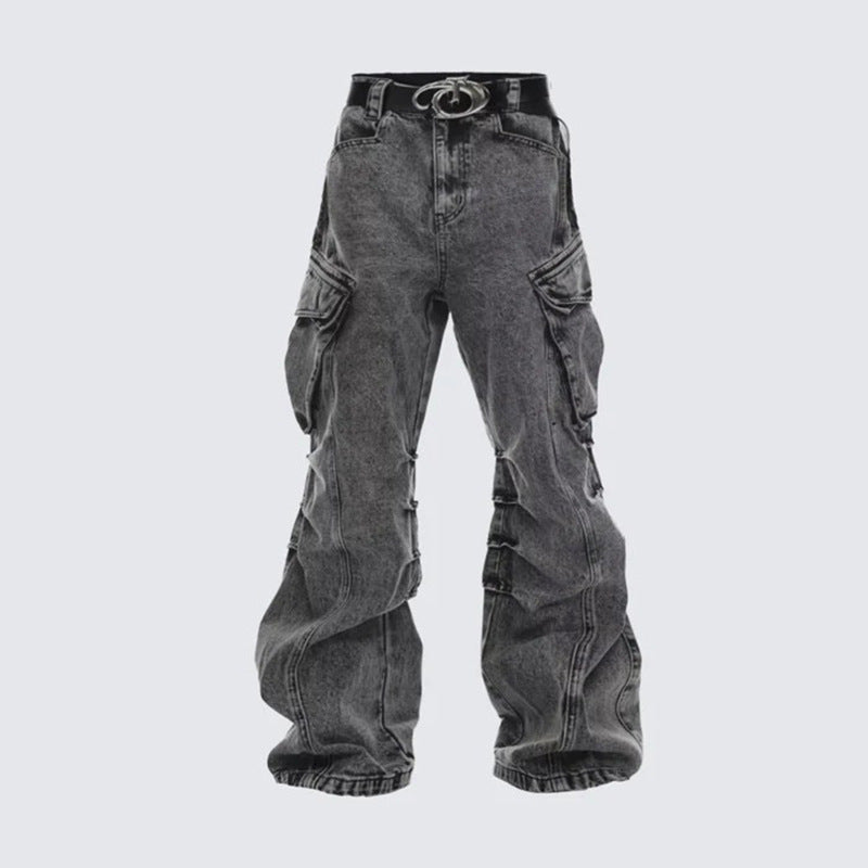 GUOWEAR American Retro Washed Vintage Design Pocket Cargo Stacked Wide-Leg Straight Jeans