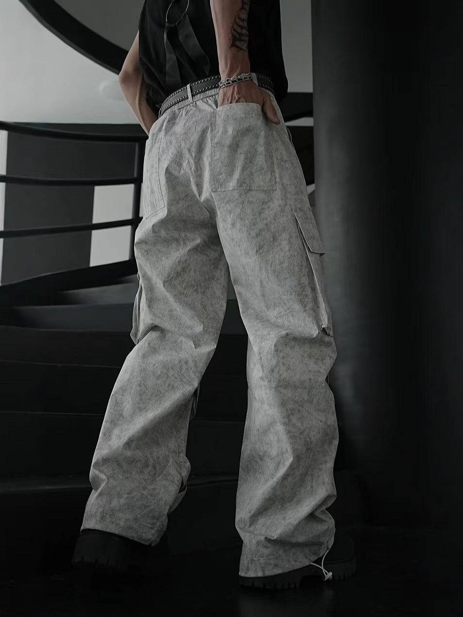 Cross-Border American Style Dirty Gray Street Dance Wide-Leg Cargo Pants Unisex Straight-Leg Casual Pants Ribbon Hip-Hop High Street Floor-Length Pants