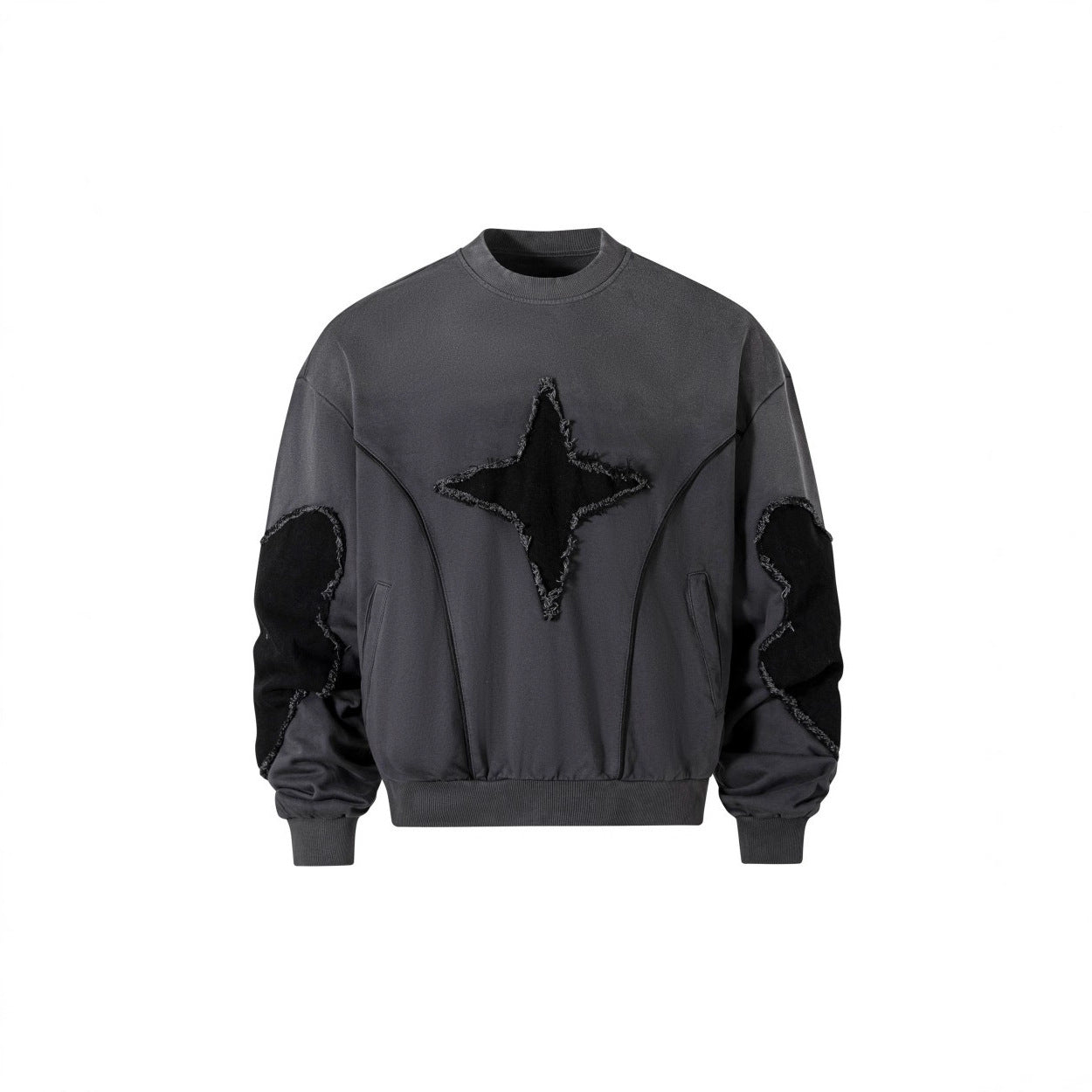 European and American Niche Style Patchwork Starburst Frayed Loose Round Neck Sweatshirt for Men and Women