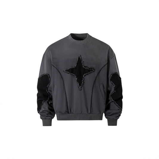 European and American Niche Style Patchwork Starburst Frayed Loose Round Neck Sweatshirt for Men and Women