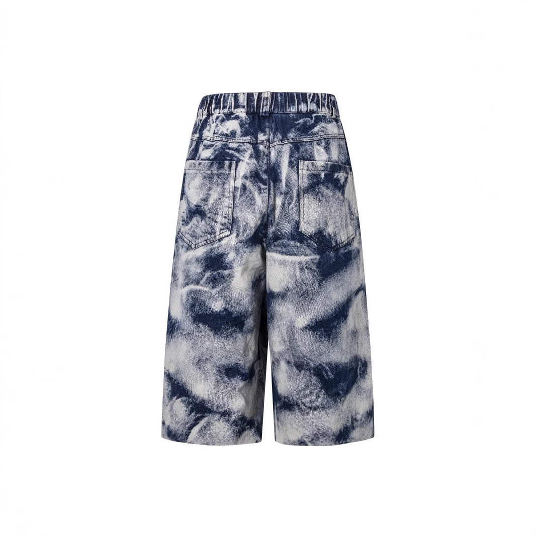 Summer Thin Jacquard Cool Comfortable Fabric Five-Point Denim Shorts Men's Trendy New Wide-Leg Straight Mid-Length Shorts