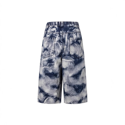 Summer Thin Jacquard Cool Comfortable Fabric Five-Point Denim Shorts Men's Trendy New Wide-Leg Straight Mid-Length Shorts