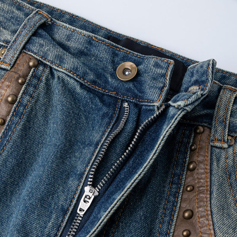 2025Spring New Vintage Patchwork Rivet Decor Loose Wide-Leg Jeans Distressed Slimming Street Style Versatile