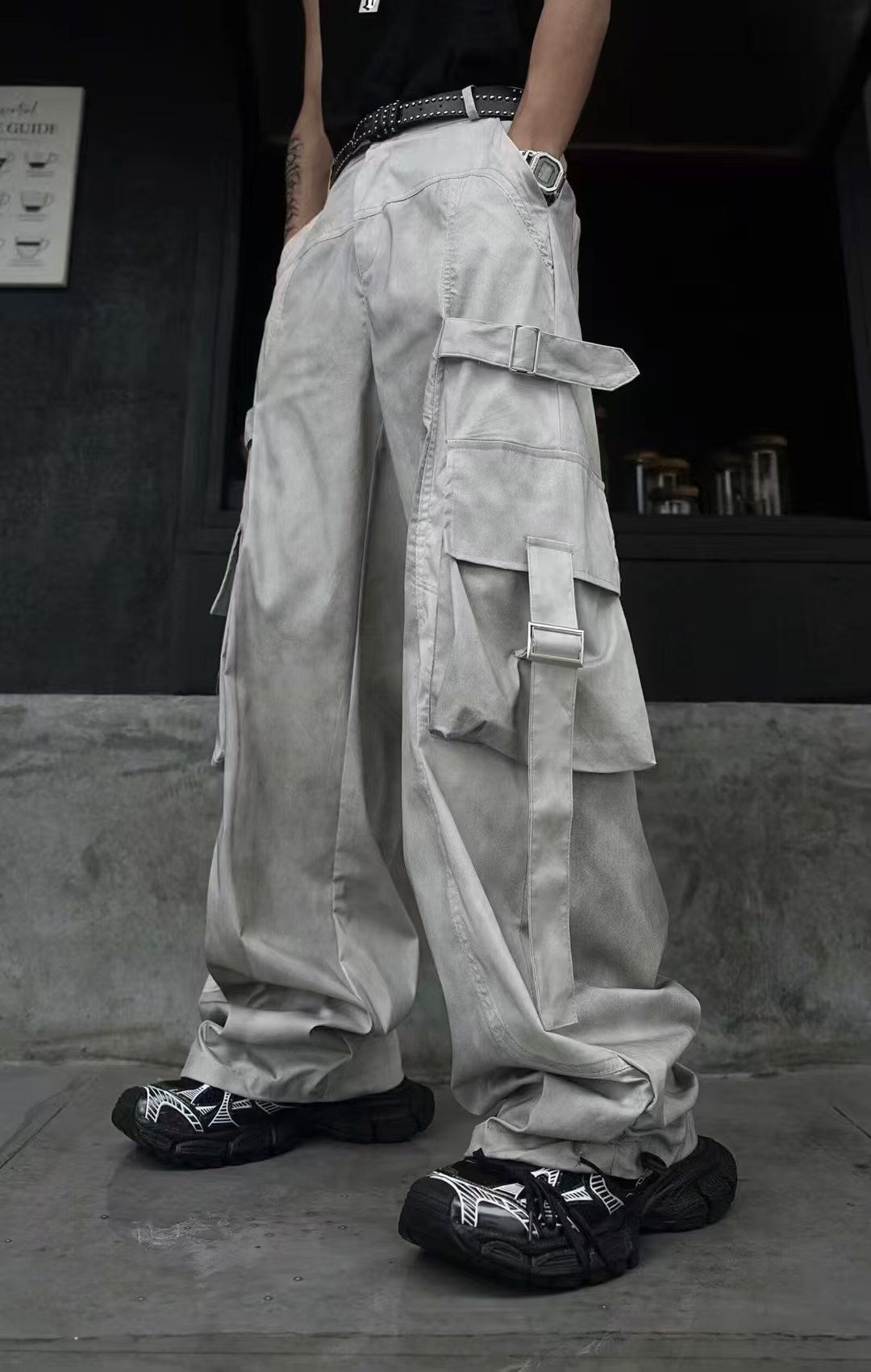 American Style Dirty Gray Wide-Leg Cargo Pants for Men and Women with Ribbon Jazz Hip-Hop High Street hiphop Straight-leg pants