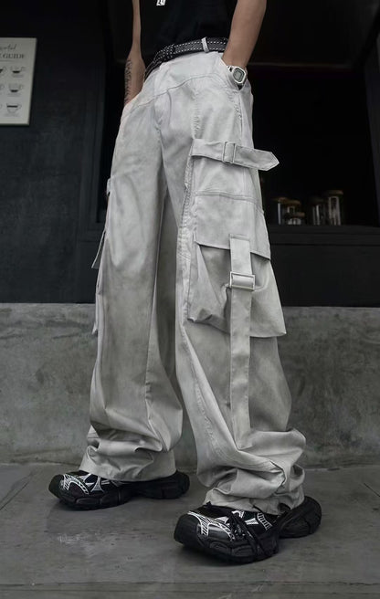 American Style Dirty Gray Wide-Leg Cargo Pants for Men and Women with Ribbon Jazz Hip-Hop High Street hiphop Straight-leg pants