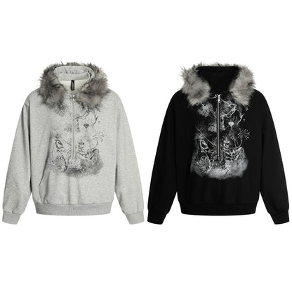 European and American Style Autumn Winter Fleece Hat Sweatshirt Hip Hop Printed Pattern Pullover Hoodie Street Fashion y2k Coat