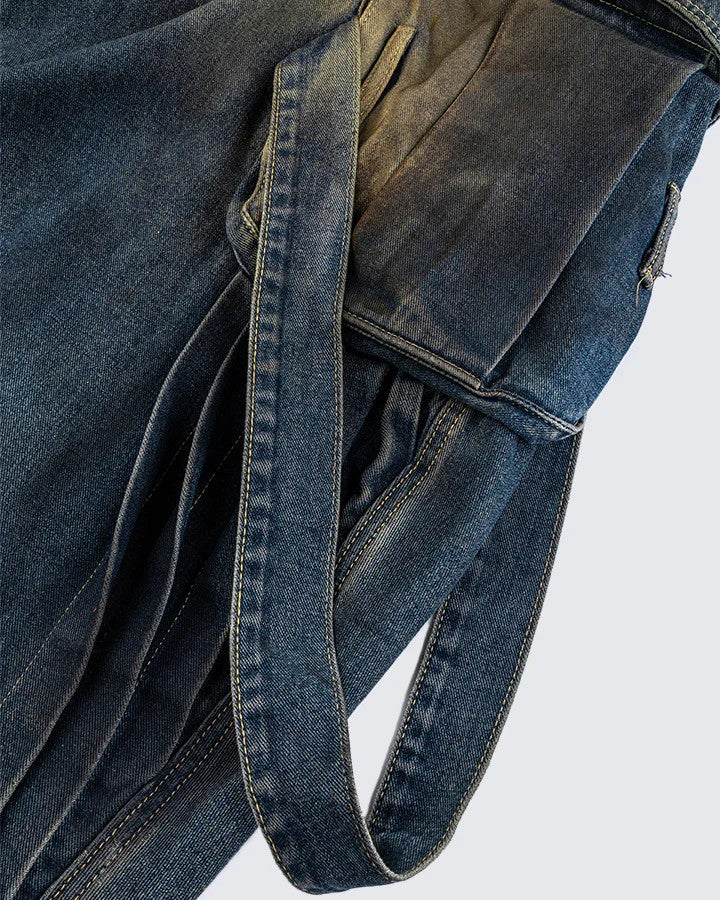 European and American Heavy Washed Multi-Pocket Jeans for Men Street Retro Loose Vintage Design Wide-Leg Floor-Length Pants