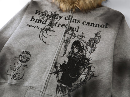 GUO WEAR  American Retro Hip-Hop Street Style Fur Collar Hooded Cardigan Sweatshirt for Men and Women, Autumn and Winter Trendy Brand