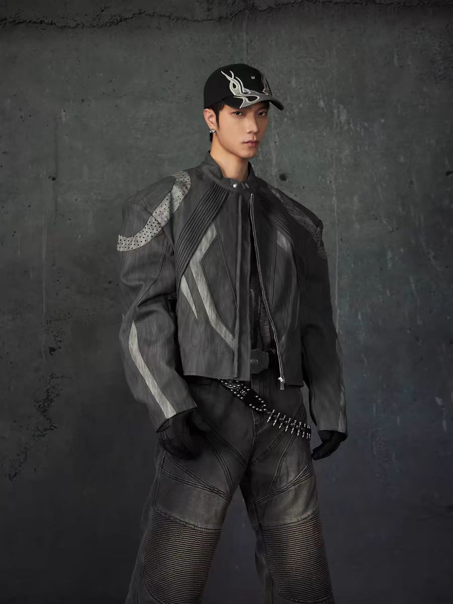 European and American High Street Heavy Craft Personality Deconstructed Split Spliced Design Motorcycle Leather Jacket Stand Collar Windproof Coat