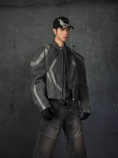 European and American High Street Heavy Craft Personality Deconstructed Split Spliced Design Motorcycle Leather Jacket Stand Collar Windproof Coat