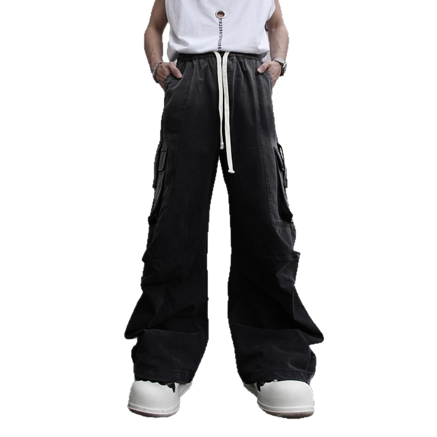 American Retro Wasteland Washed Vintage Multi-Pocket Cargo Pants Unisex Trendy Loose Straight Wide-Leg Casual Long Pants