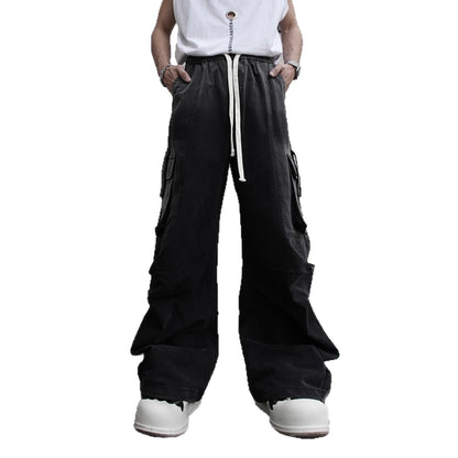 American Retro Wasteland Washed Vintage Multi-Pocket Cargo Pants Unisex Trendy Loose Straight Wide-Leg Casual Long Pants