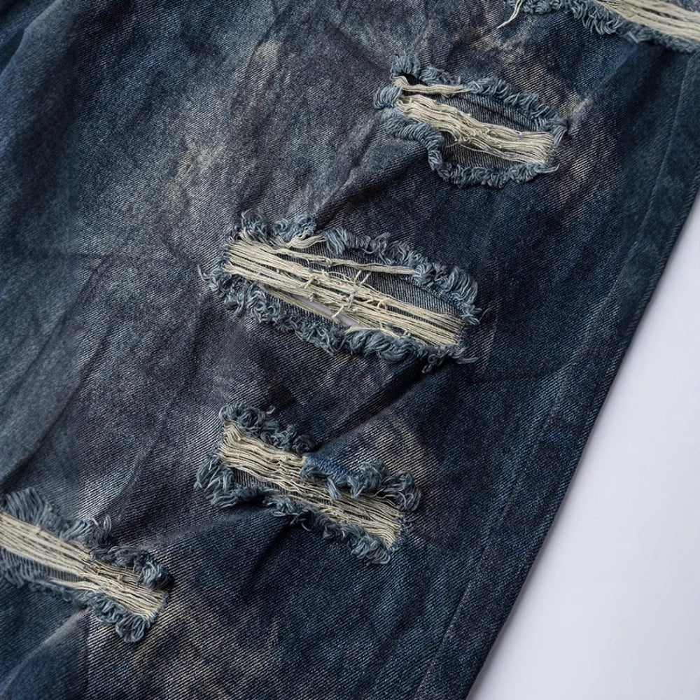 High-End European Version Spring Summer Men's Jeans Slim Straight Stretch Washed Ripped Wide-Leg Men's Pants