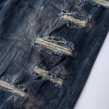 High-End European Version Spring Summer Men's Jeans Slim Straight Stretch Washed Ripped Wide-Leg Men's Pants