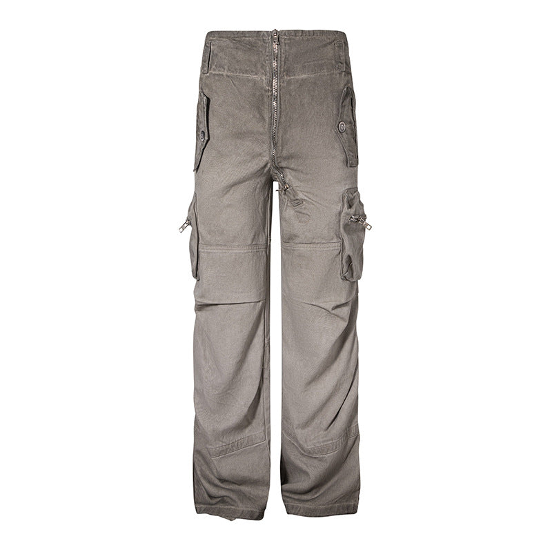 High Waist Diagonal Zipper Cargo Pants Loose Straight Casual Pants Trendy Brand Versatile Long Pants Leg-Lengthening Loose Comfortable