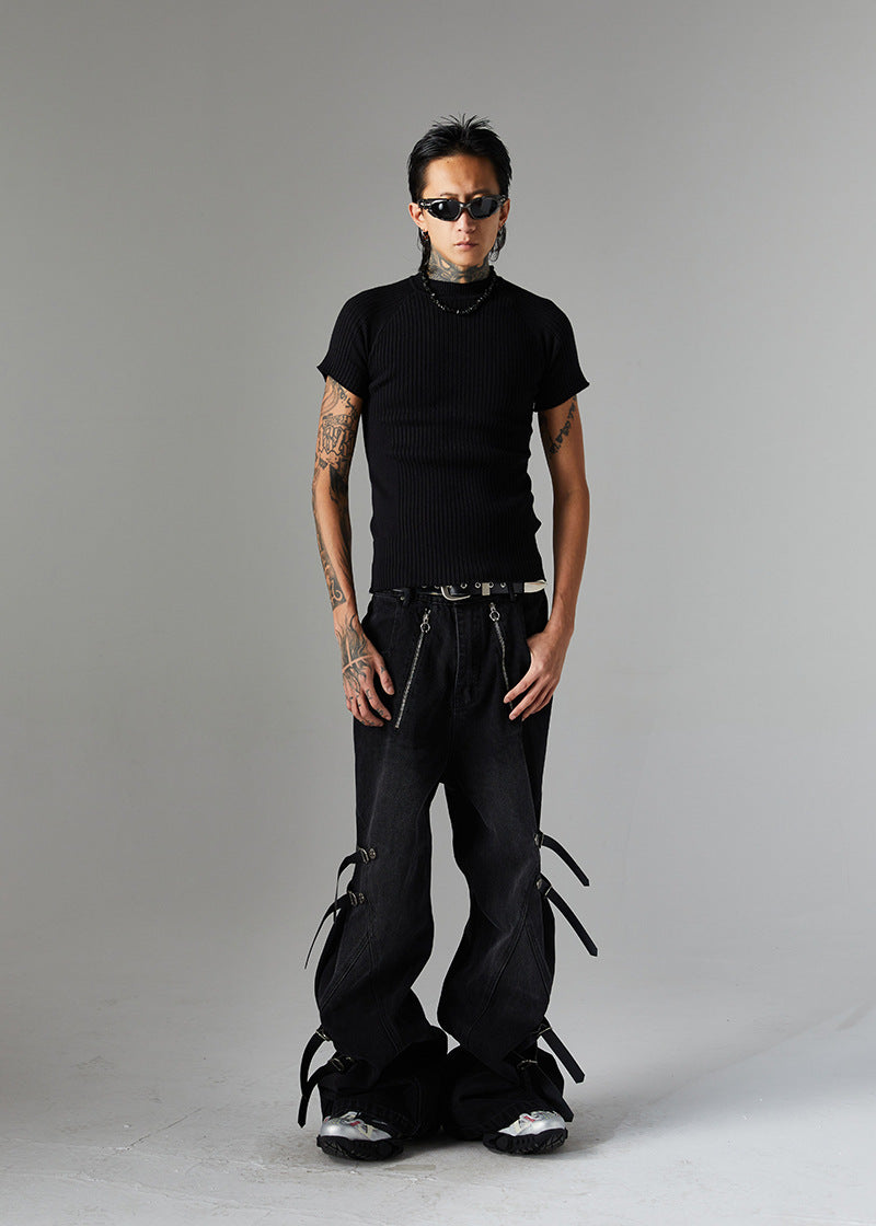 Trendy High Street Loose Retro Straight-Leg Drawstring Cargo Pants Men's Street Style Y2K Zipper Decorated Jeans