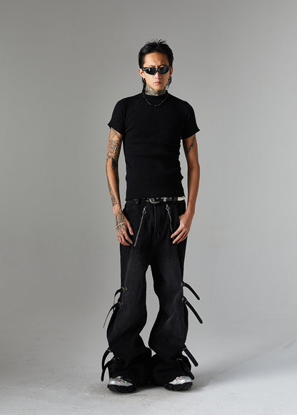 Trendy High Street Loose Retro Straight-Leg Drawstring Cargo Pants Men's Street Style Y2K Zipper Decorated Jeans
