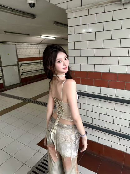 Cross-Border Heavy Industry Chain Print Jeans for Men and Women Summer American Style Straight-Leg Floor-Length Pants