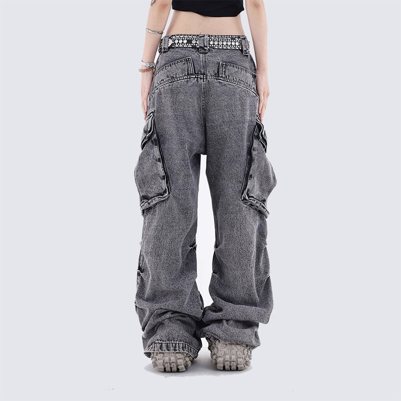 American Retro Washed Vintage Design Pocket Cargo Stacked Wide-Leg Straight Jeans