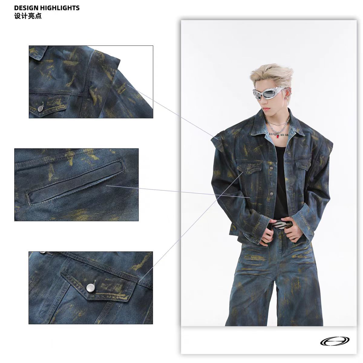 Spring and Autumn Med Vintage Scratched Denim Jacket for Men, Casual Loose Straight-Leg Pants